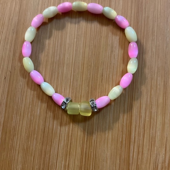 Hand Crafted Bracelet Pastel Cat’s Eye Beads Pink Yellow Rhinestone Stretch 5” - Picture 4 of 5